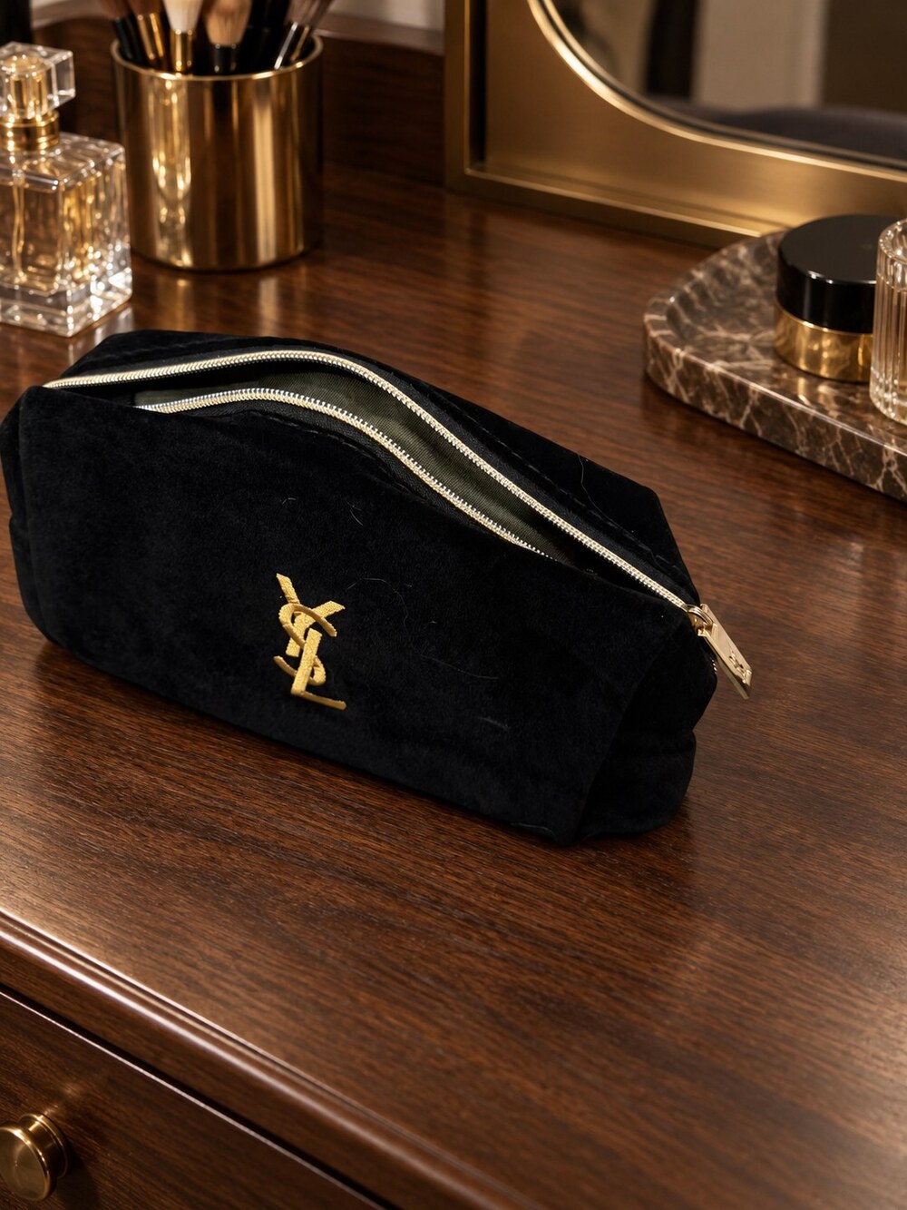 Yves Saint Laurent Black Velvet Makeup Bag | Velvet and Gold-Tone Details - Picture 2 of 6